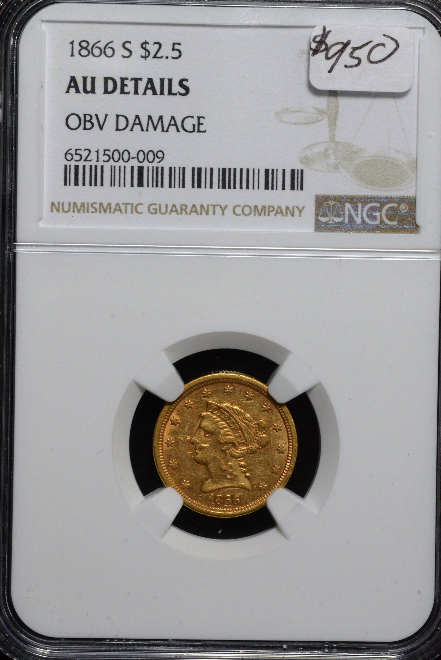 1866 $2.50 Gold Quarter Eagle AU Details NGC