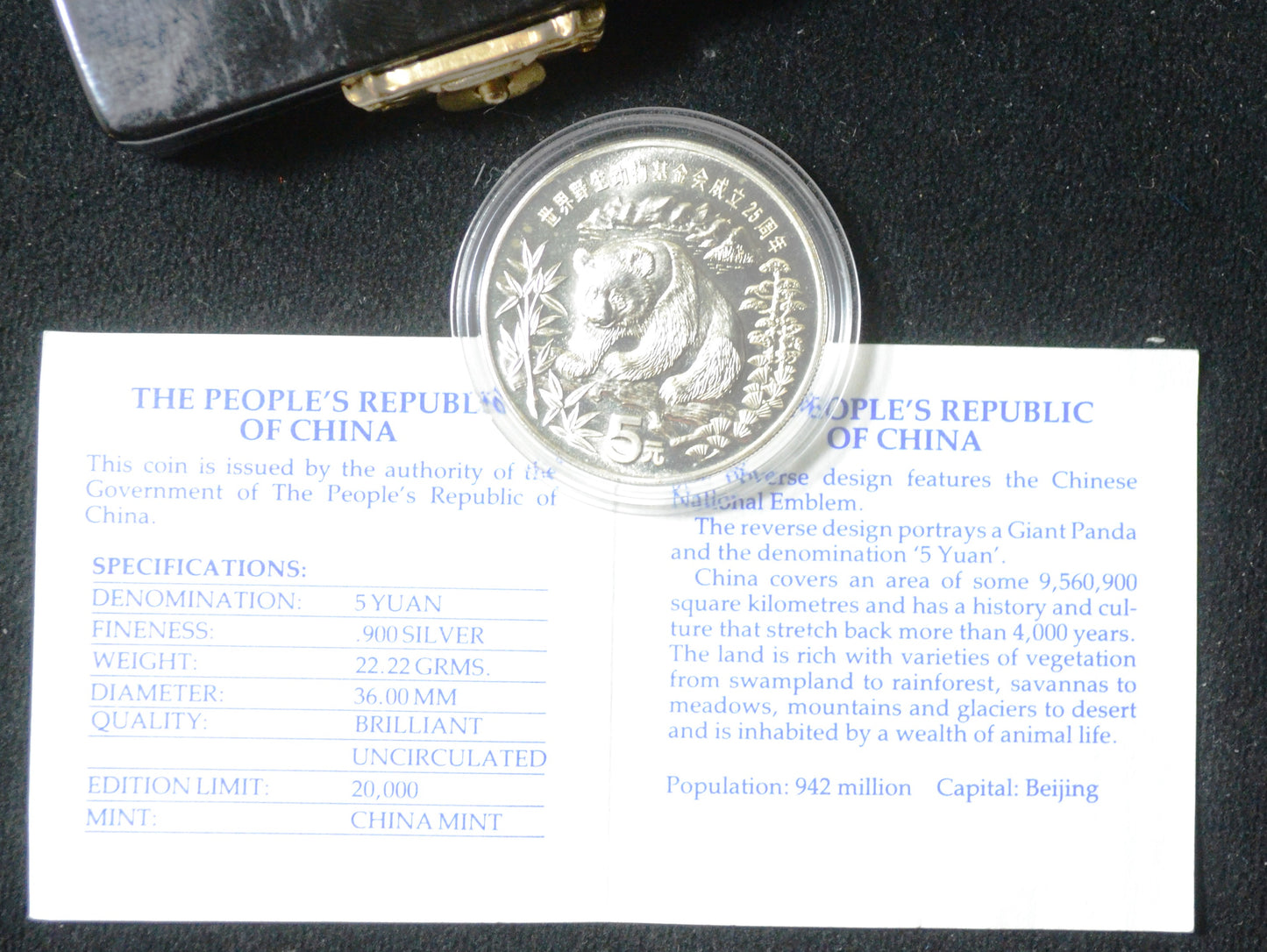 1986 China 5 Yuan Silver Grand Panda Coin with Original Box & COA 25th WWF