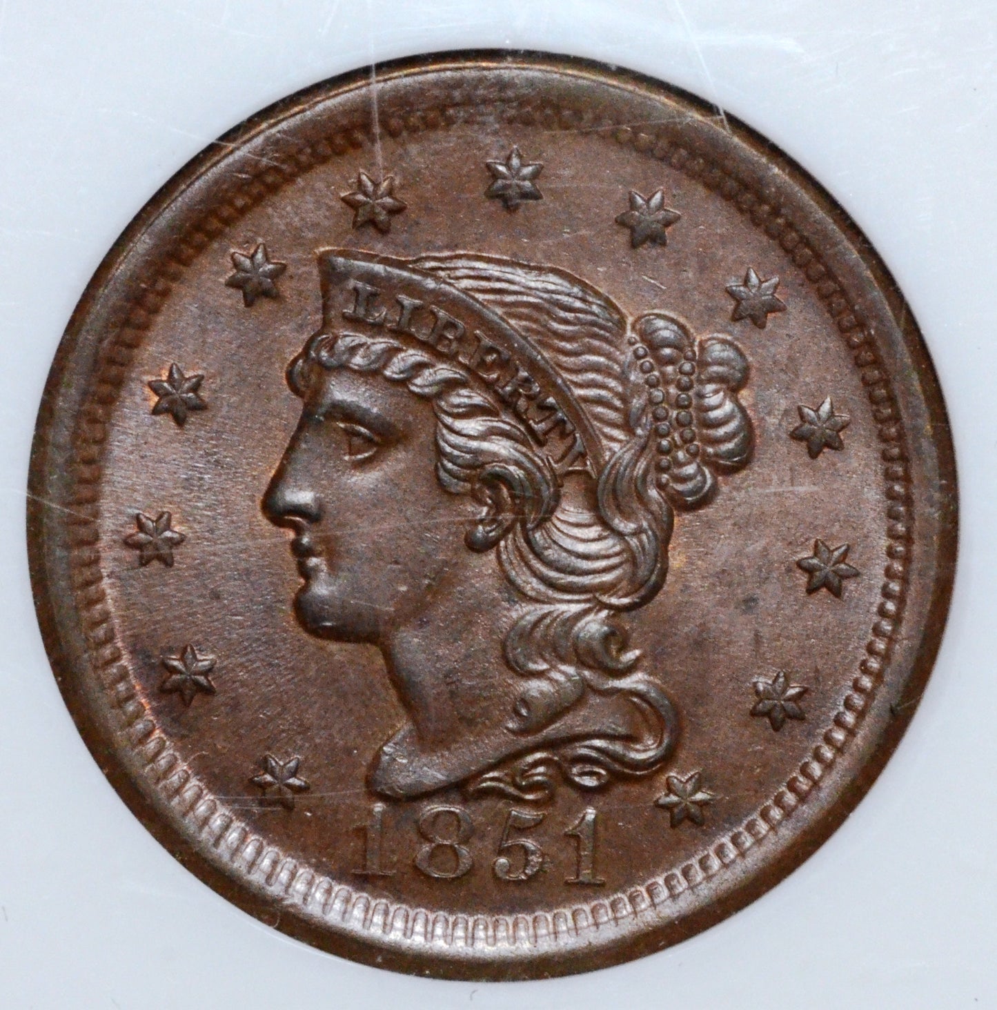 1851 Braided Hair Large Cent MS65 BN NGC