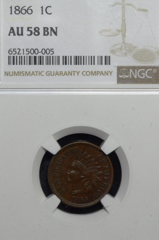 1866 Indian Head Cent AU58 BN NGC