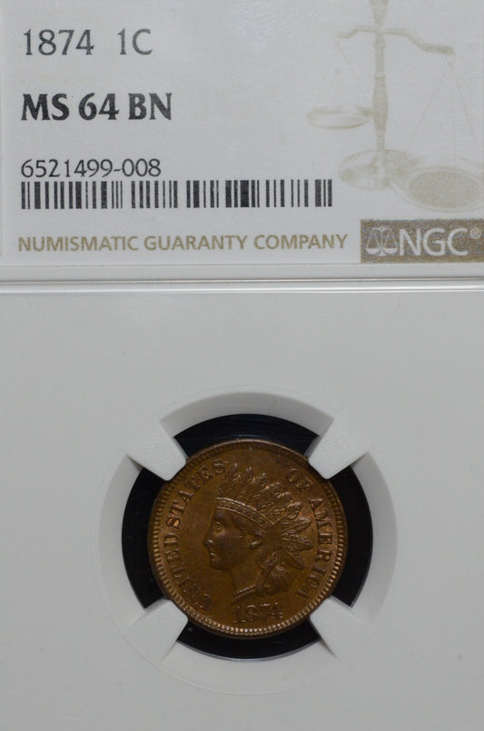 1874 Indian Head Cent MS64 BN NGC
