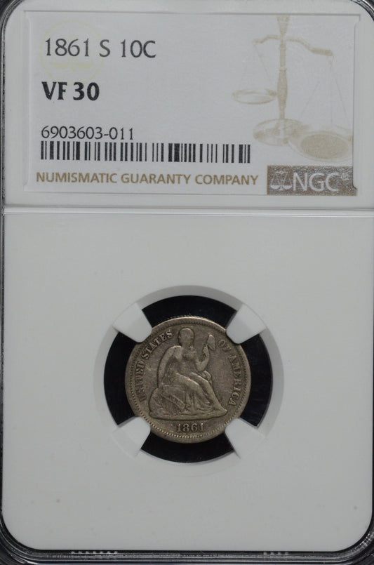 1861-S Seated Liberty Dime VF30 NGC