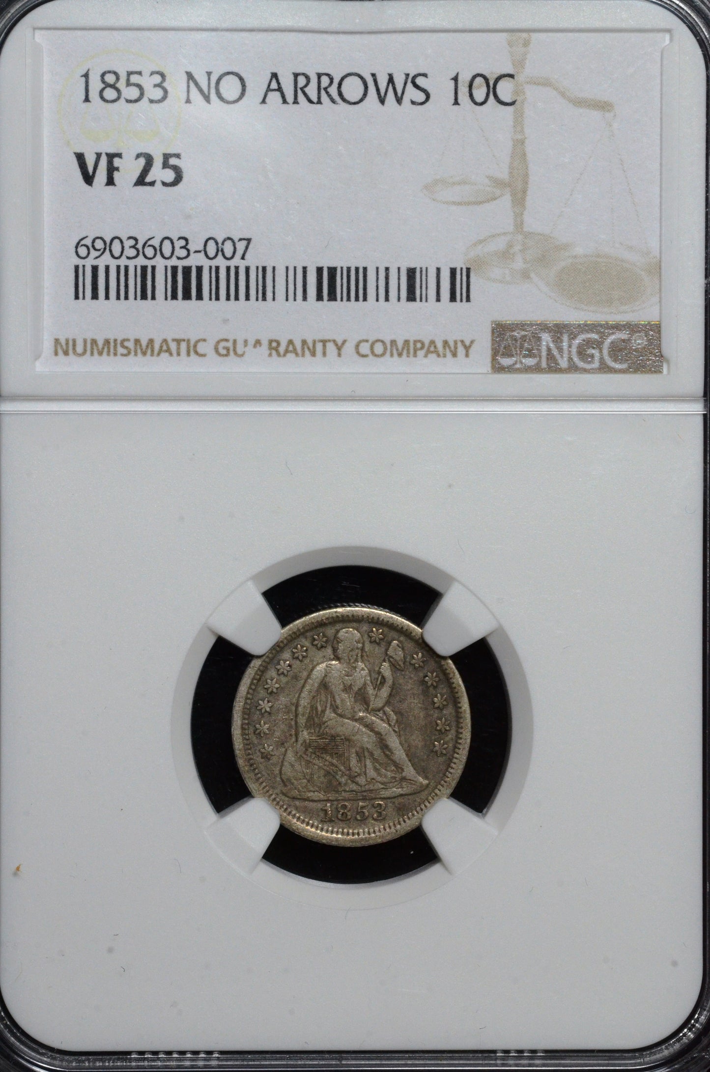 1853 Seated Dime No Arrows VF25 NGC