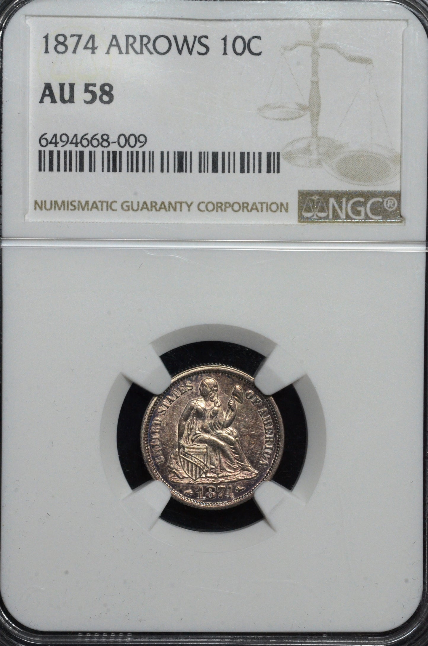 1874 Seated Liberty Dime AU58 NGC
