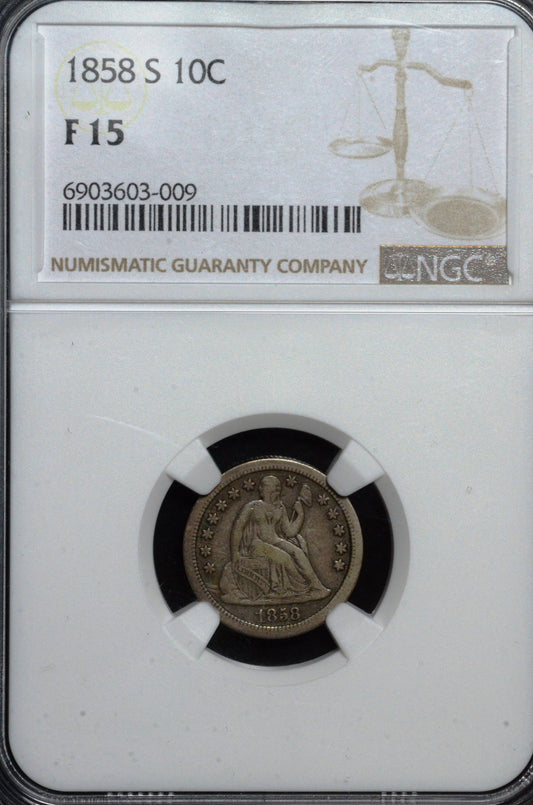 1858-S Seated Liberty Dime F-15 NGC