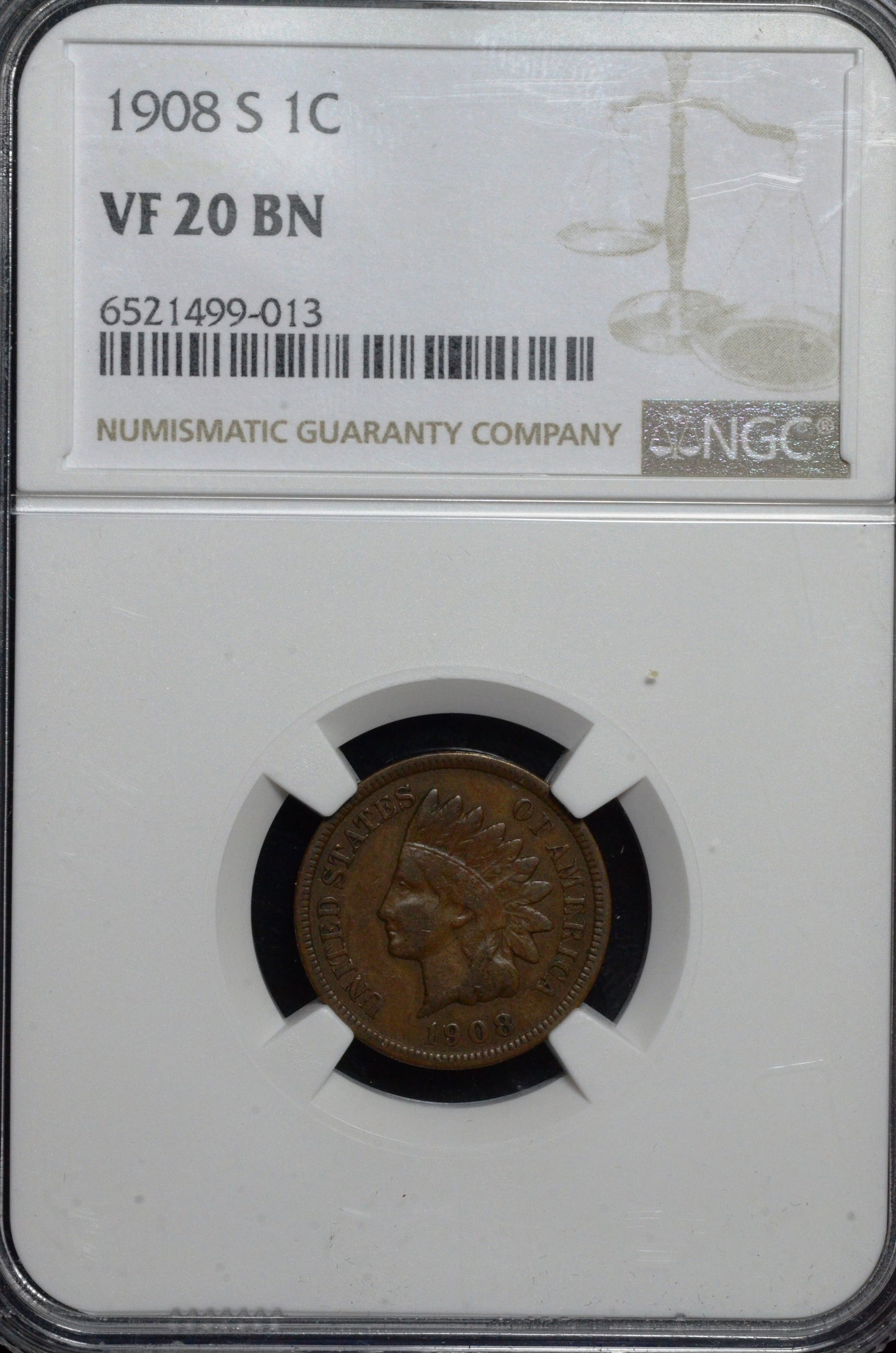 1908-S Indian Head Cent VF20 NGC