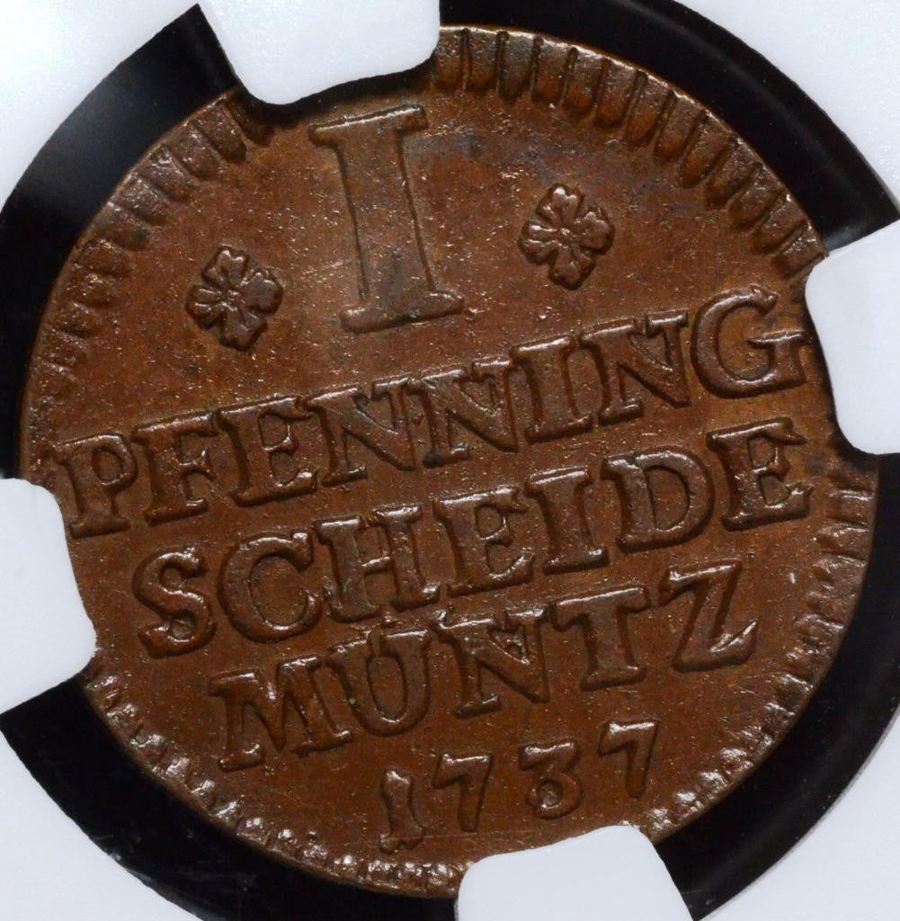 1737 IAB, German States, Brunswick-Wolfenbuttel 1 Pfenning, AU50 BN NGC KM 901.1