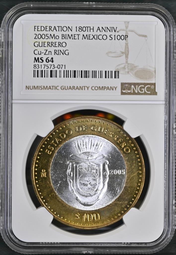 2005 Mo Mexico 180th Anniv Bimetal, Guerrero, 100 Peso MS64 NGC KM# 716