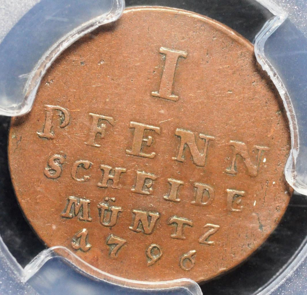 1796 PLM, German States, Bruns-Lune-Calen-Hann, 1 Pfenning, AU 50, KM 330, PCGS