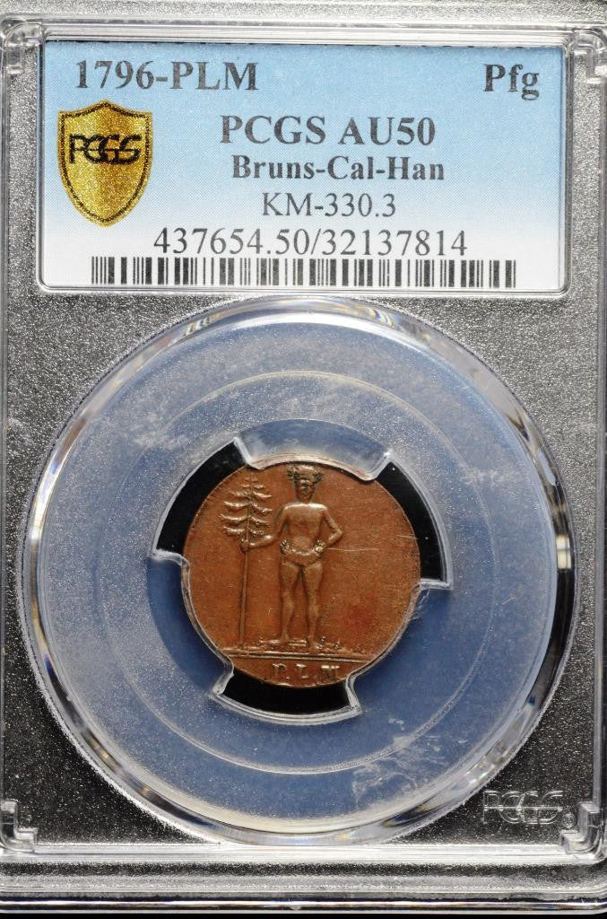 1796 PLM, German States, Bruns-Lune-Calen-Hann, 1 Pfenning, AU 50, KM 330, PCGS