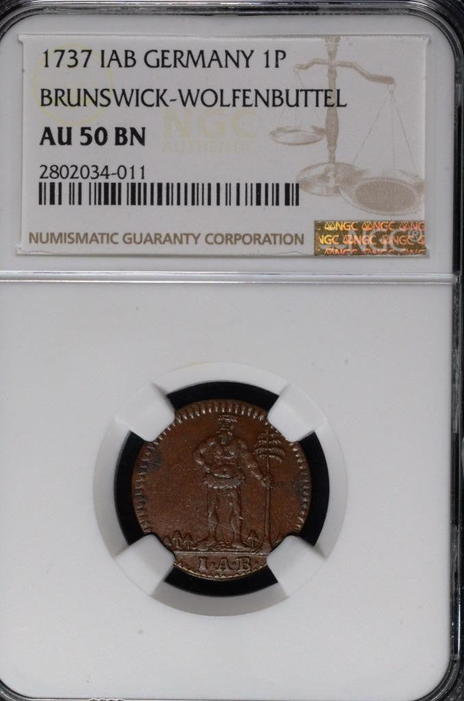1737 IAB, German States, Brunswick-Wolfenbuttel 1 Pfenning, AU50 BN NGC KM 901.1