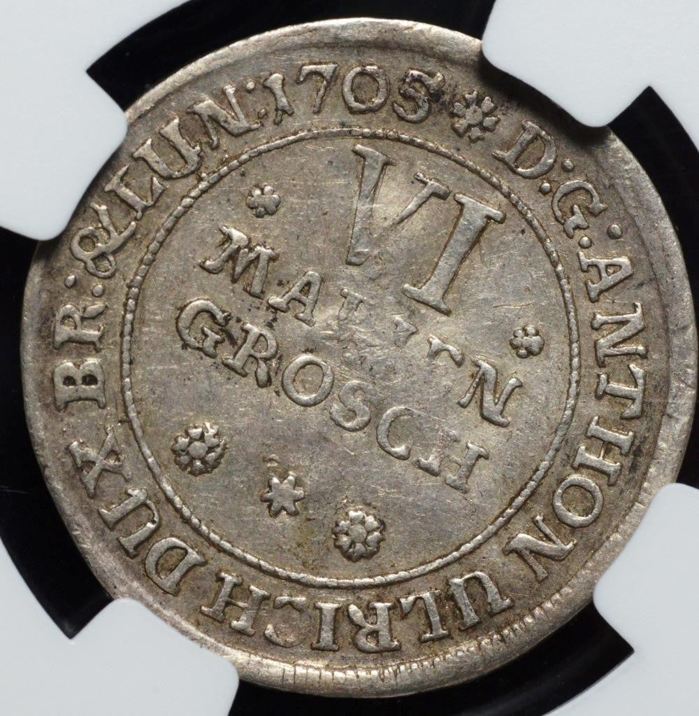 1705, German States, Brunswick-Wolfenbuttel 6 MarienGroschen, KM 683, AU53 NGC