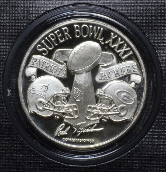 Patriots vs Packers, 1996 Super Bowl XXXI, Art Round, 1oz 999 Fine Silver