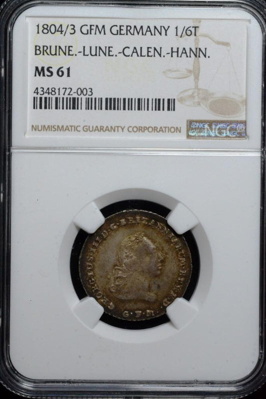 1804/3 GFM, German States, Brune-Lune-Calen-Hann, 1/6 Taler, NGC MS61, KM 415