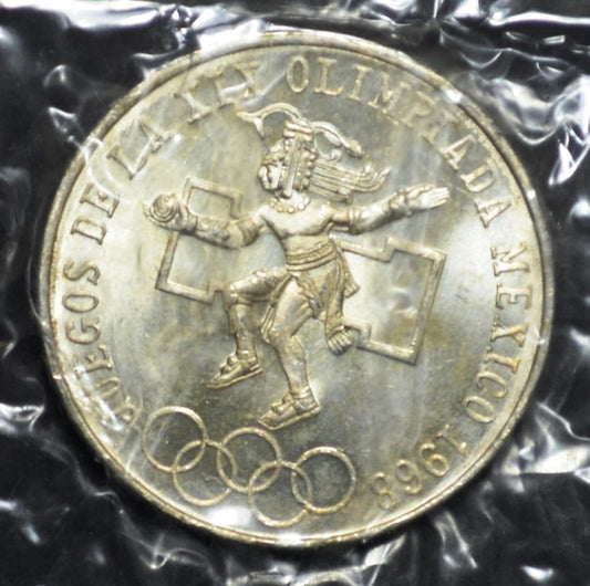 1968 Mexico City Mint, 25 Peso KM 479.1, 19th Summer Olympics, BU Mint Wrapper