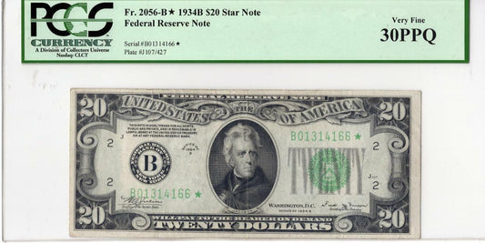 1934-B $20 FRN FR-2056-B* ( Vinson STAR ) VF-30 PCGS PPQ