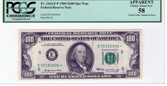 1969 $100.00 Fed Res Star Note Fr. 2164-E* Choice About New 58 Apparent PCGS