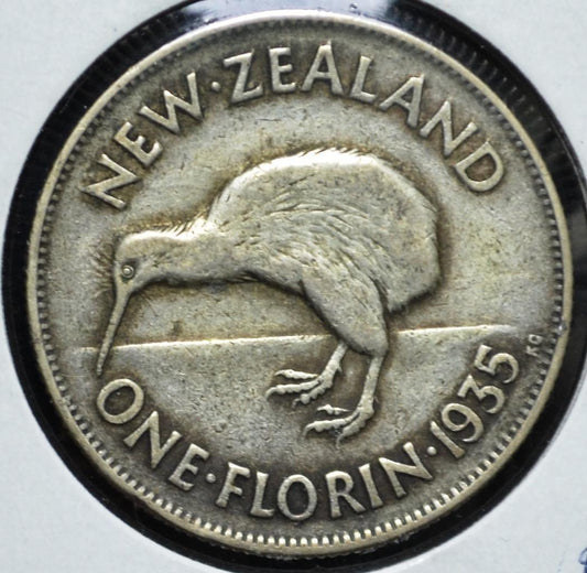 1935 New Zealand, Florin, KM# 4, George V King Emperor, Kiwi Bird, Ships Free