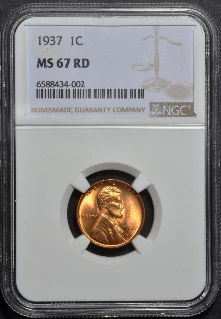 1937 Lincoln Wheat Cent MS67RD Slabbed & Graded by NGC, Free Ship