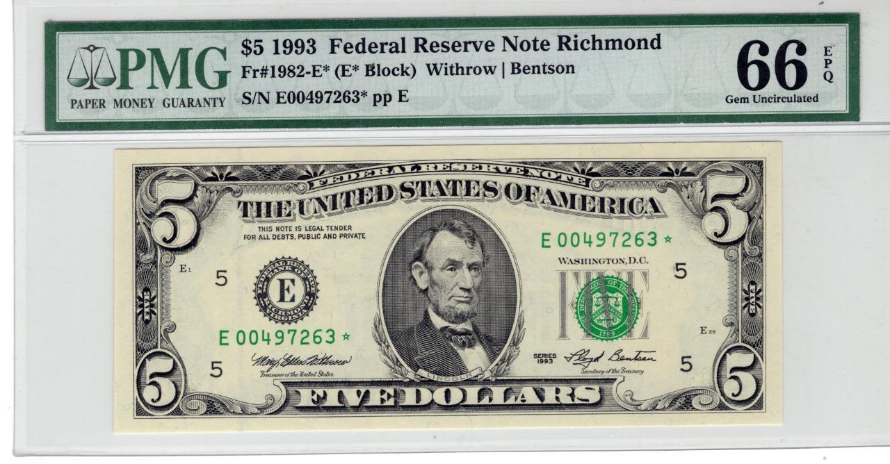 Fr. 1982-E* $5.00 1993 star Gem Uncirculated 66 EPQ PMG