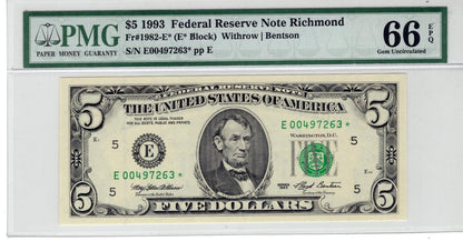 Fr. 1982-E* $5.00 1993 star Gem Uncirculated 66 EPQ PMG