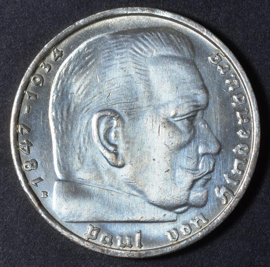 1938 B, Germany, 2 Reichsmark,  Paul von Hindenburg, KM# 93, Ships for Free