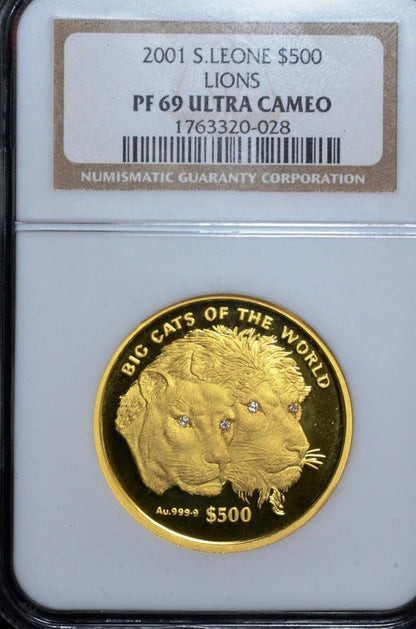 2001 Sierra Leone $500 PF69 Ultra Cameo by NGC, Big Cats of the World