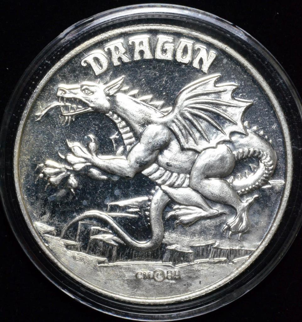 Rare 1985 Crown Impressions Dragon 1 oz 999 Fine Silver, Art Round, in Airtite