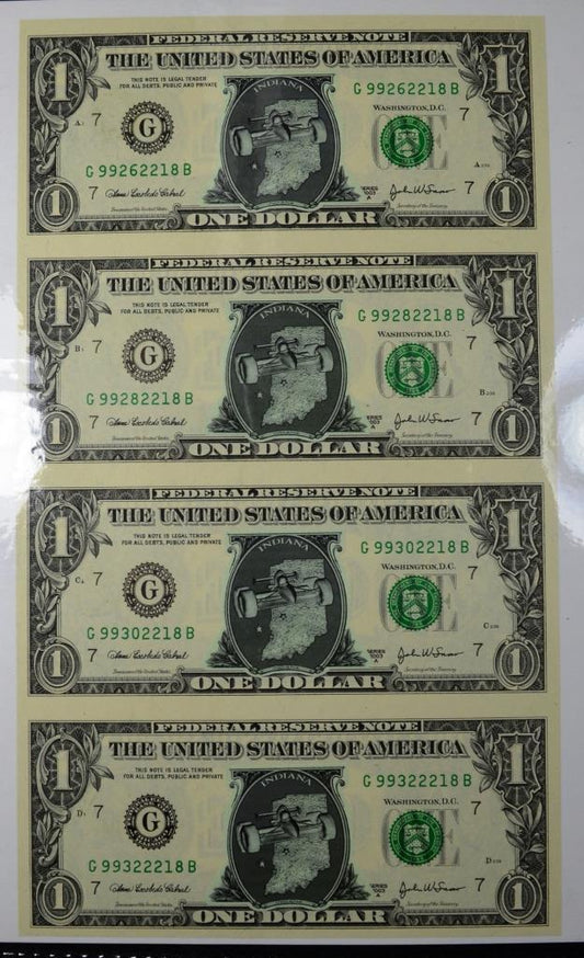 Uncut Sheet 4 2003A Series $1 FRB Notes, Indiana Overprint, Presentation Folder