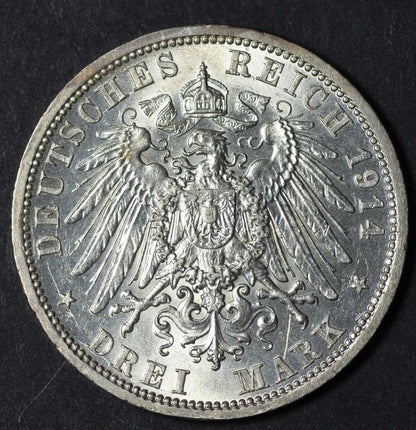 1914 A, Prussia, German States, 3 Mark, KM# 538, Mintage 2,022,000, Free Ship