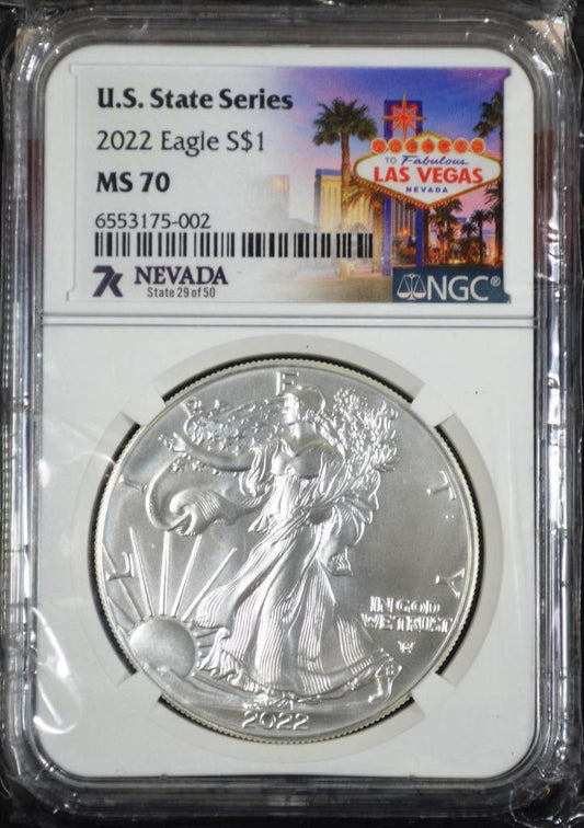 2022 American Silver Eagle $1, NGC MS70, US State Series, Nevada, Ships Free