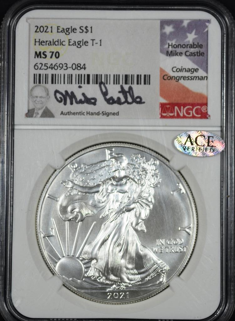 2021 Silver Eagle $1, NGC MS70, Type 1 Mike Castle Signed
