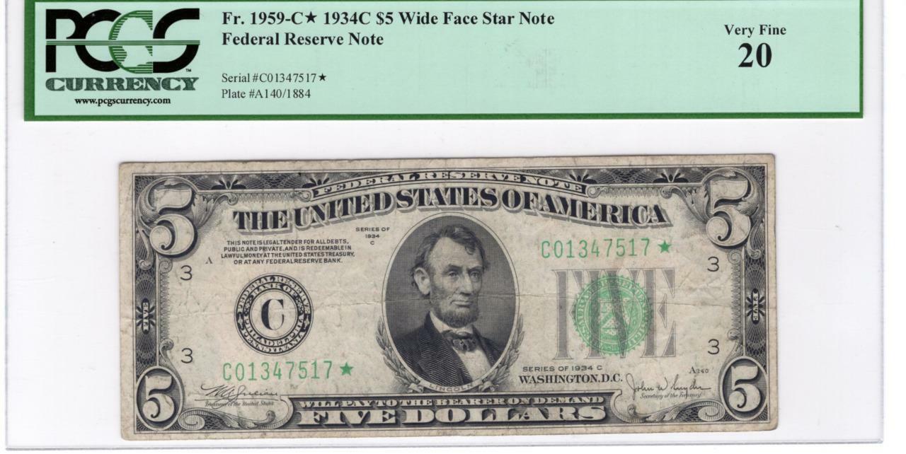 1934 $5.00 Fed Res Note  Fr. 1959-C* Wide Face Very Fine 20 PCGS