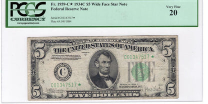 1934 $5.00 Fed Res Note  Fr. 1959-C* Wide Face Very Fine 20 PCGS