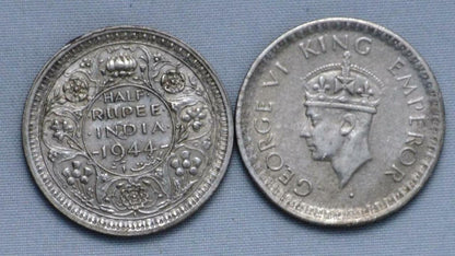 1944 Bombay (Mumbai) & 1944 Lahore India Half Rupee, King George VI, KM# 552