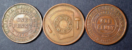 Set of Three Masonic One Penny Tokens, Plymouth, Mishawaka, and Niles Chapters