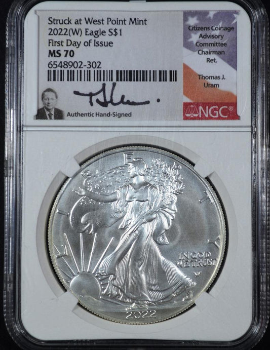 2022-W Silver Eagle $1, NGC MS70, Signed Thomas J Uram First Day Issue