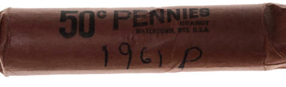 1961 P & D Unsearched Roll of Lincoln Memorial Cents, Original Bank Rolls