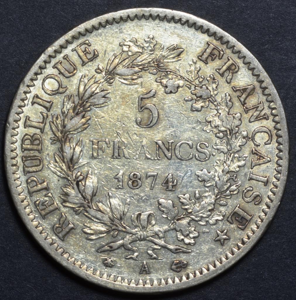 1874 A France, Paris, 5 Francs, 900 Silver, KM# 820.1, Ships Free