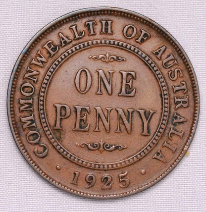 1925 M Commonwealth of Australia, Penny, KM# 23, Rare Date, Ships for Free