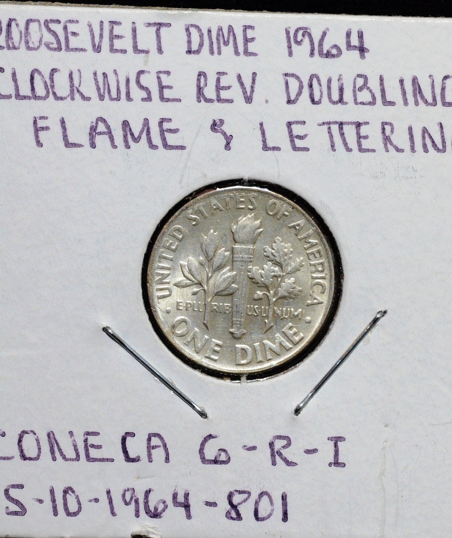 1964 Roosevelt Dime, Double Die Reverse FS-801, Flame and Letters Doubling