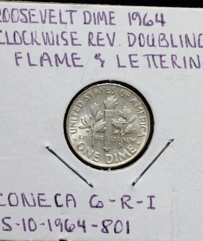 1964 Roosevelt Dime, Double Die Reverse FS-801, Flame and Letters Doubling