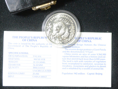 1986 China 5 Yuan Silver Grand Panda Coin with Original Box & COA 25th WWF