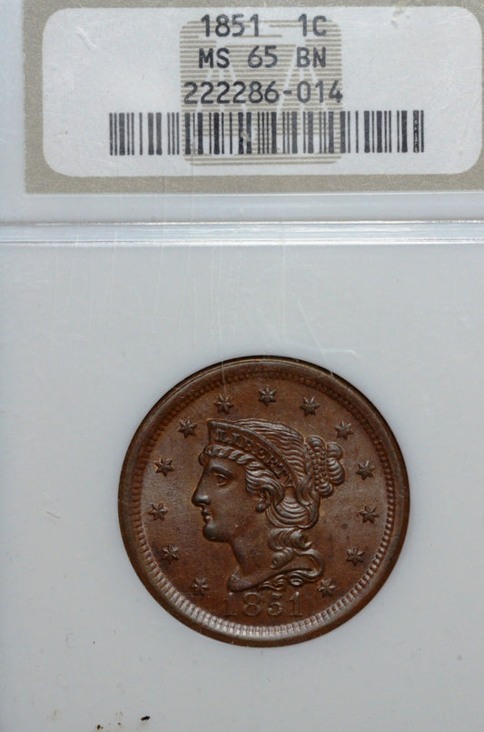 1851 Braided Hair Large Cent MS65 BN NGC