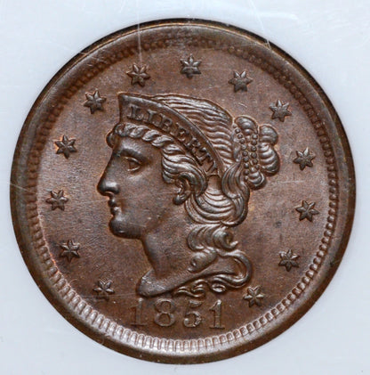1851 Braided Hair Large Cent MS65 BN NGC