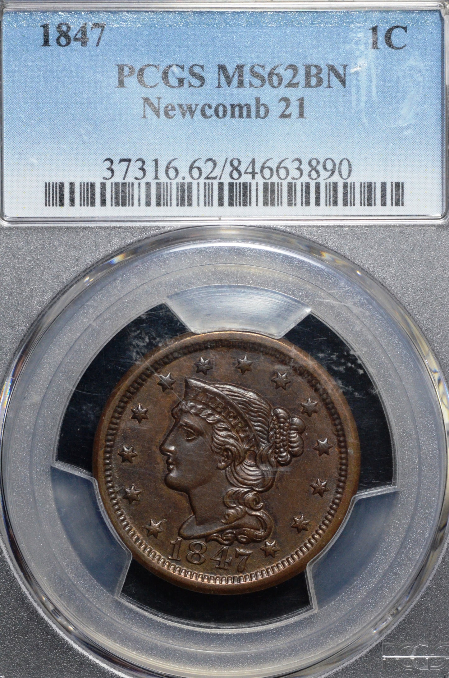 1847 Braided Hair Large Cent MS62 BN PCGS Newcomb21