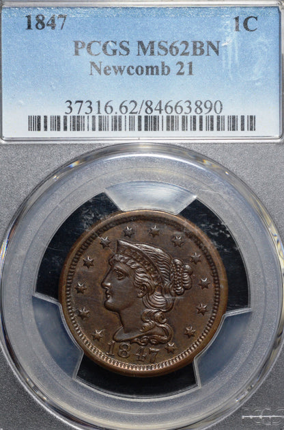1847 Braided Hair Large Cent MS62 BN PCGS Newcomb21