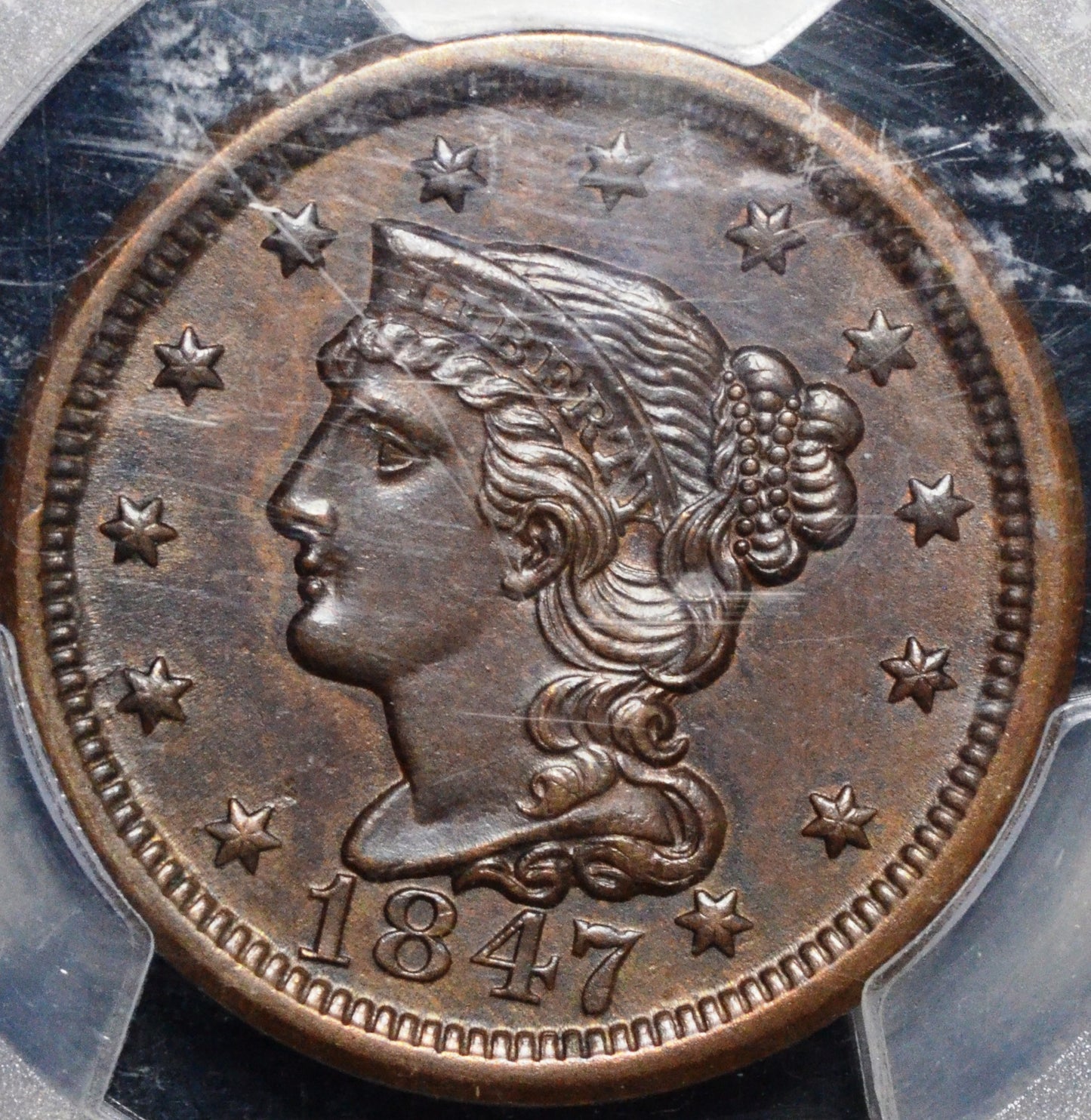 1847 Braided Hair Large Cent MS62 BN PCGS Newcomb21