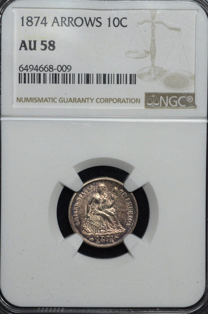 1874 Seated Liberty Dime AU58 NGC