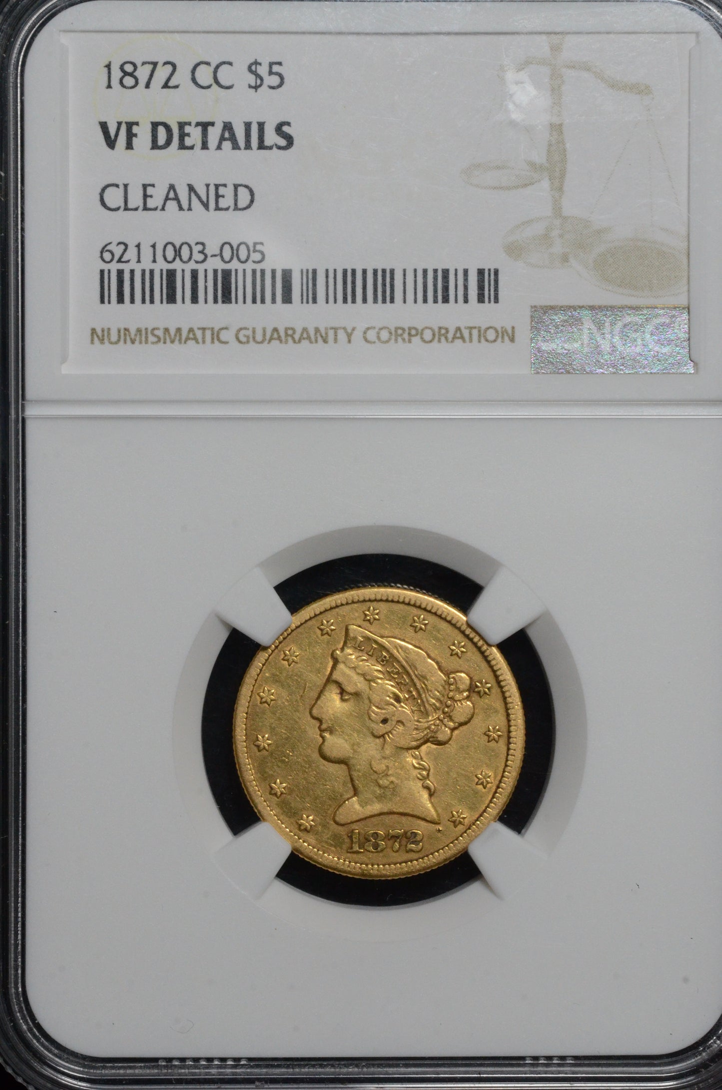 1872-CC $5.00 Gold Half Eagle VF Details NGC